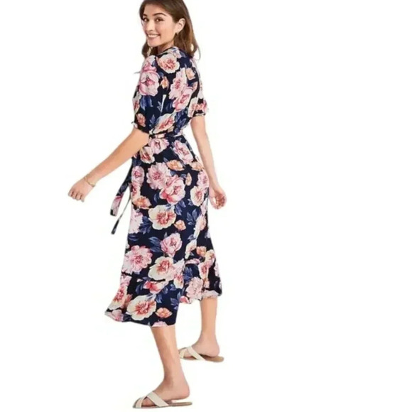 Old Navy Waist-Defined Ruffled Tie-Belt Midi Wrap Dress Size Medium Tall - Picture 2 of 10